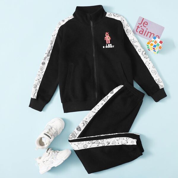 

Boys Contrast Cartoon Sideseam Slogan Graphic Sweatshirt & Joggers Set, Black