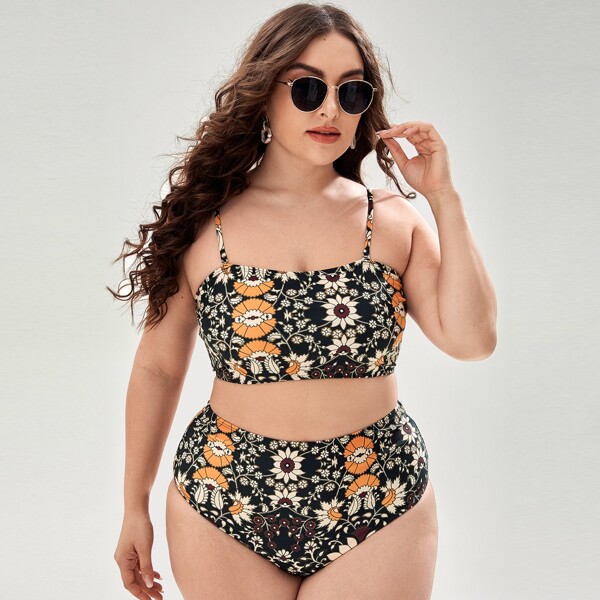 

Plus Floral High Waisted Bikini Swimsuit, Multicolor