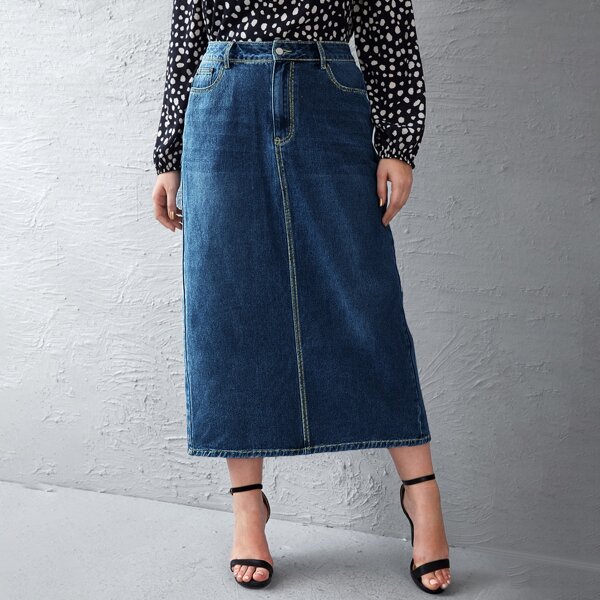 

Plus Split Hem Straight Denim Skirt, Dark wash