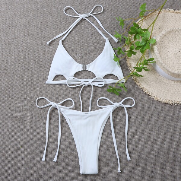 

Rib Cut-out Halter Tie Side Bikini Swimsuit, White