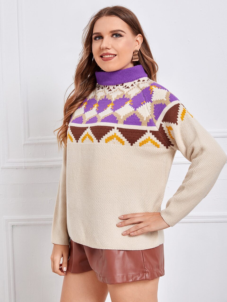 Plus Geo Pattern Funnel Neck Sweater