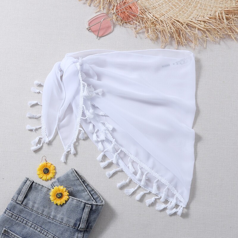 

Chiffon Tassel Trim Tie Waist Cover Up Skirt, White