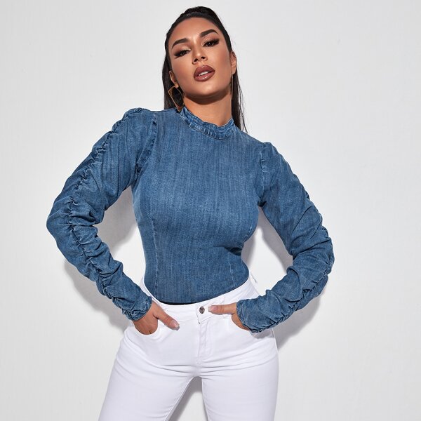 

Mock Neck Ruched Sleeve Denim Top, Medium wash