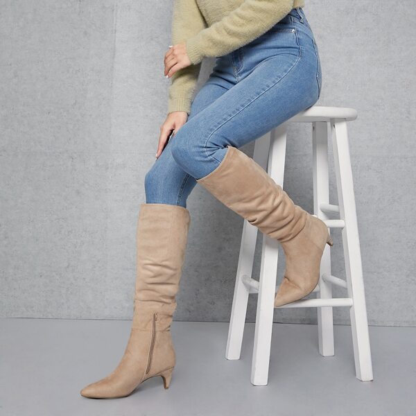 

Faux Suede Thigh High Low Heel Boots, Apricot