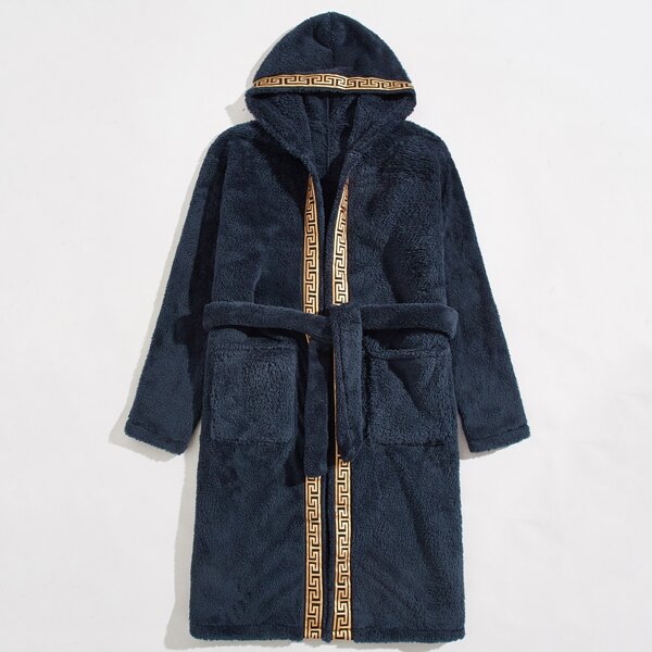 

Men Greek Key Self Tie Flannel Hooded Robe, Navy blue
