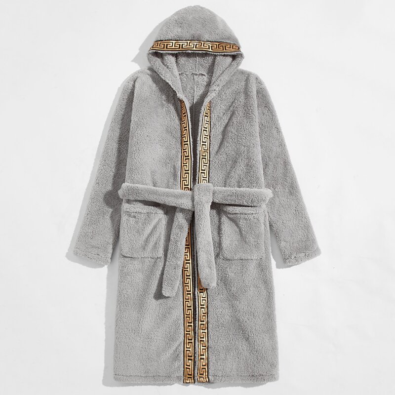 

Guys Greek Tape Panel Belted Teddy Hooded Robe, Grey
