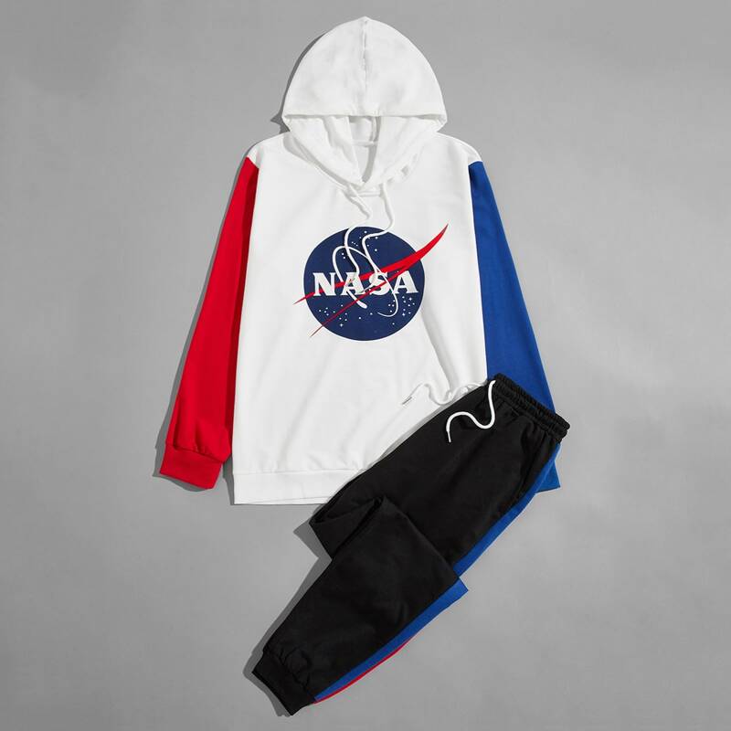 

Guys Contrast Sleeve Letter Graphic Hoodie & Sweatpants, Multicolor