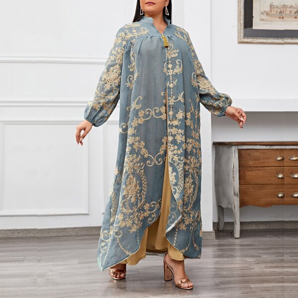 

Plus Notched Floral Embroidery Tassel Dress, Dusty blue