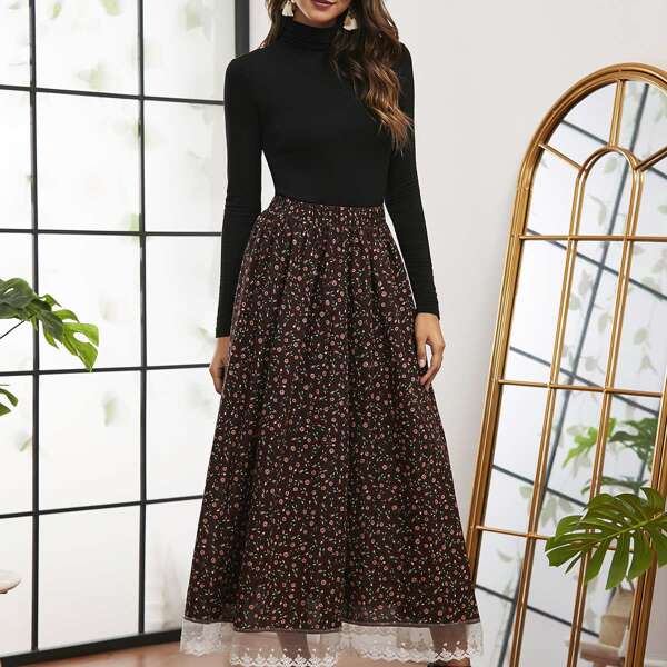 

Ditsy Floral Contrast Mesh Hem Skirt, Chocolate brown
