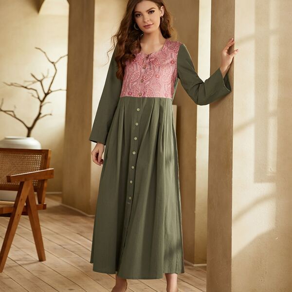 

Colorblock Button Front Babydoll Dress, Army green