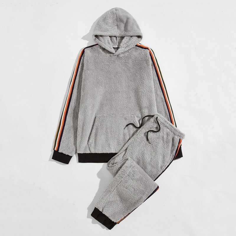 

Guys Striped Tape Side Teddy Hoodie & Pants Set, Grey