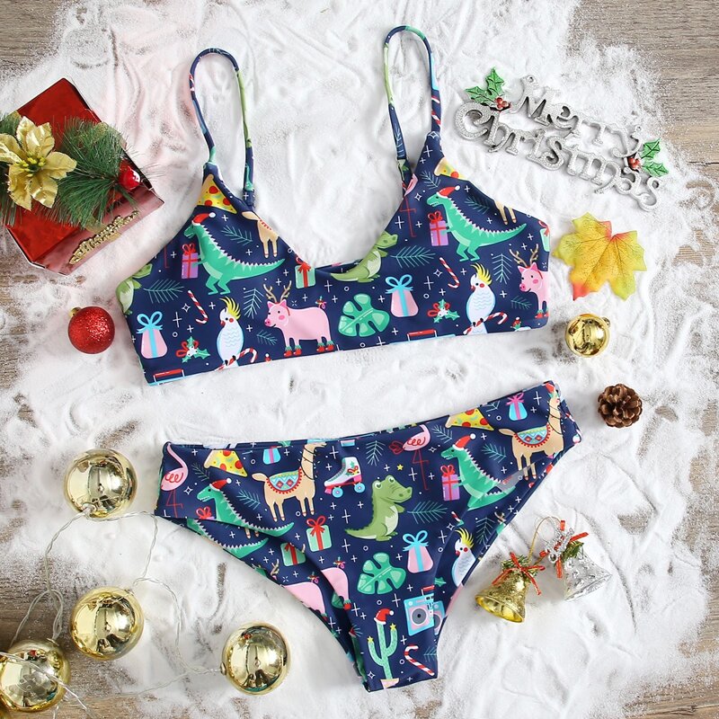 

Christmas Cartoon Print Bikini Swimsuit, Multicolor