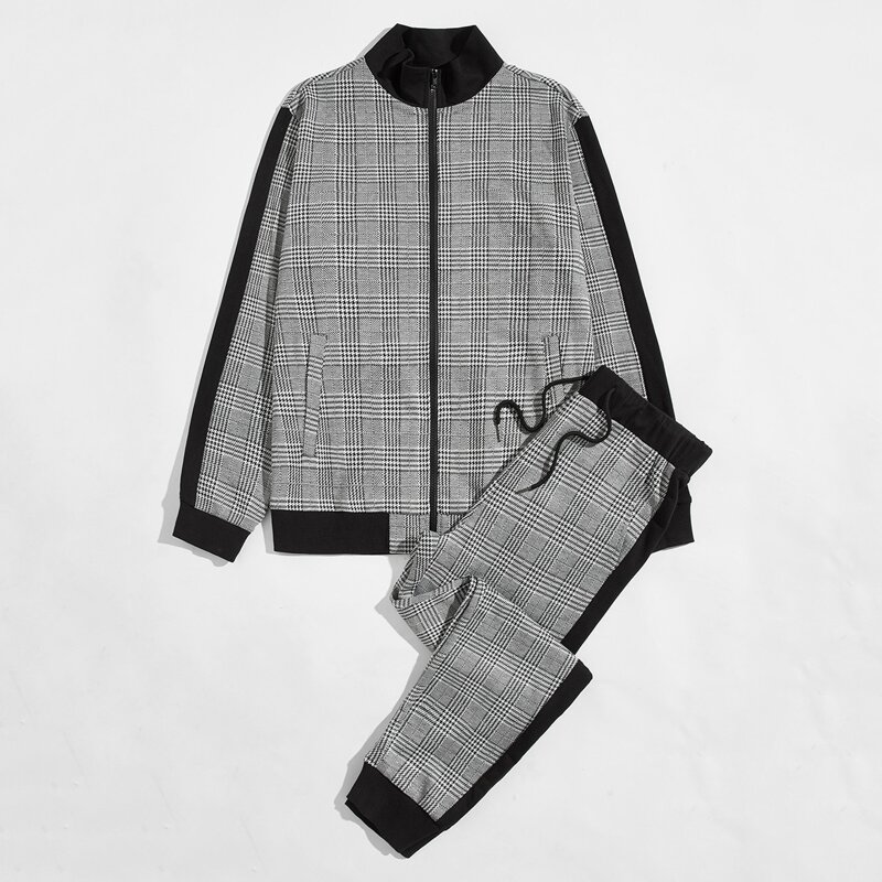 

Guys Zip Up Contrast Trim Plaid Jacket & Pants Set, Black and white