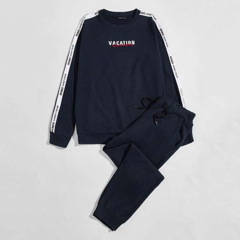 

Guys Letter Embroidered Contrast Tape Side Pullover and Joggers Set, Navy blue