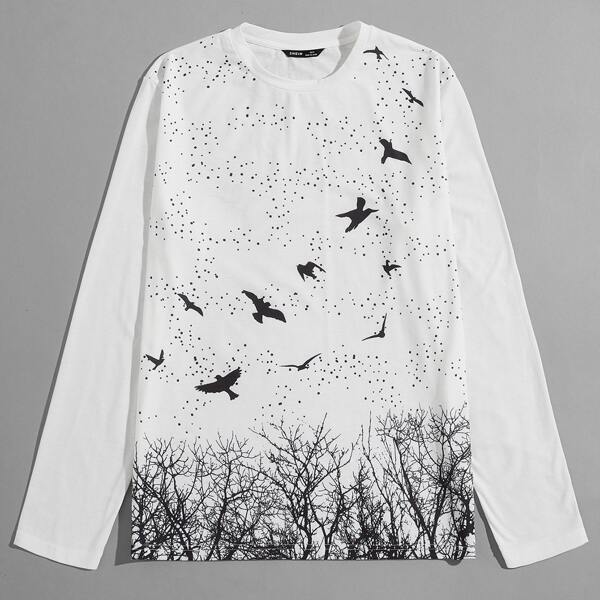 

Men Bird and Tree Print Tee, White