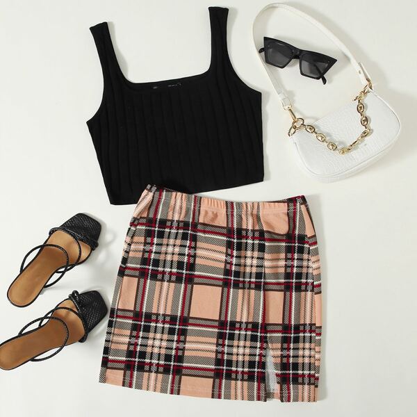 

Rib-knit Tank Top & Split Hem Plaid Skirt Set, Multicolor