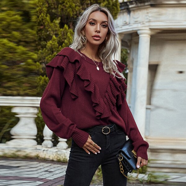 

Solid Ruffle Trim Sweater, Burgundy
