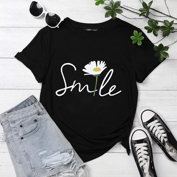 

Letter & Floral Print Tee, Black