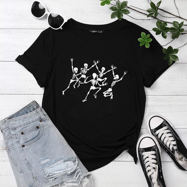 

Skeleton Print Short Sleeve Tee, Black