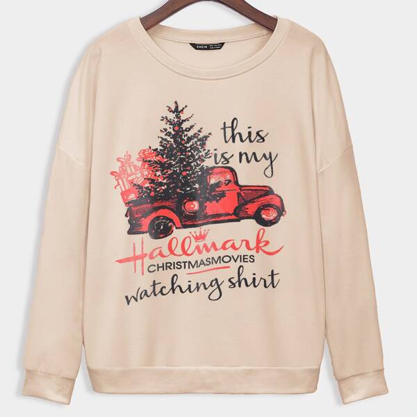 

Christmas & Slogan Graphic Sweatshirt, Apricot