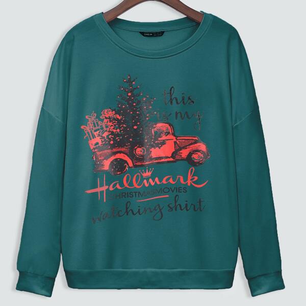 

Christmas & Slogan Graphic Sweatshirt, Teal blue