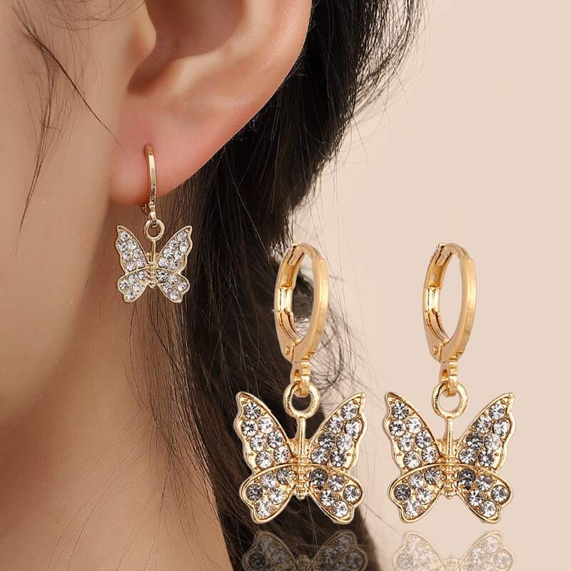 

Rhinestone Butterfly Drop Earrings, Gold