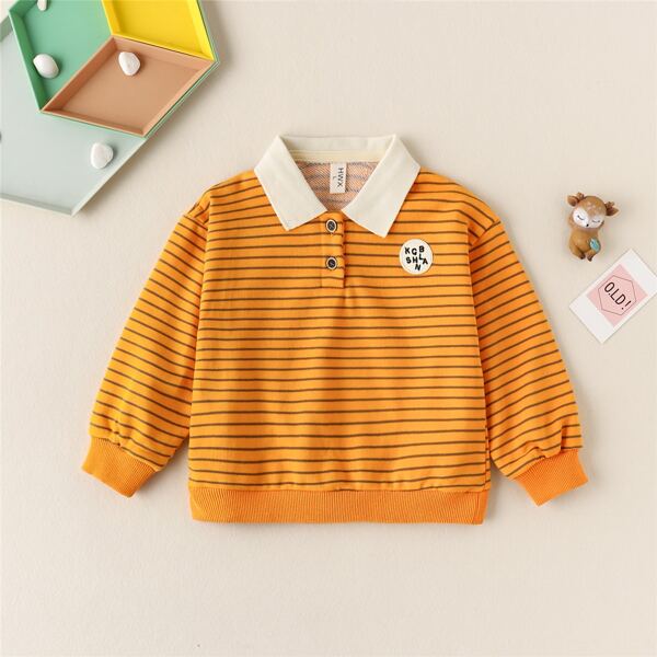 

Toddler Boys Striped Letter Patched Polo Collar Sweatshirt, Mustard yellow