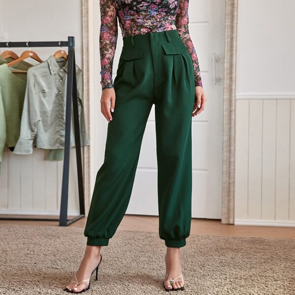 

Solid Plicated Carrot Pants, Dark green