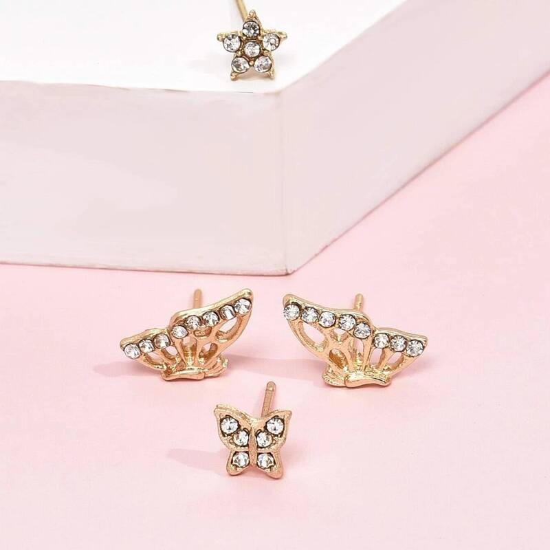 

4pcs Rhinestone Butterfly & Star Stud Earrings, Gold
