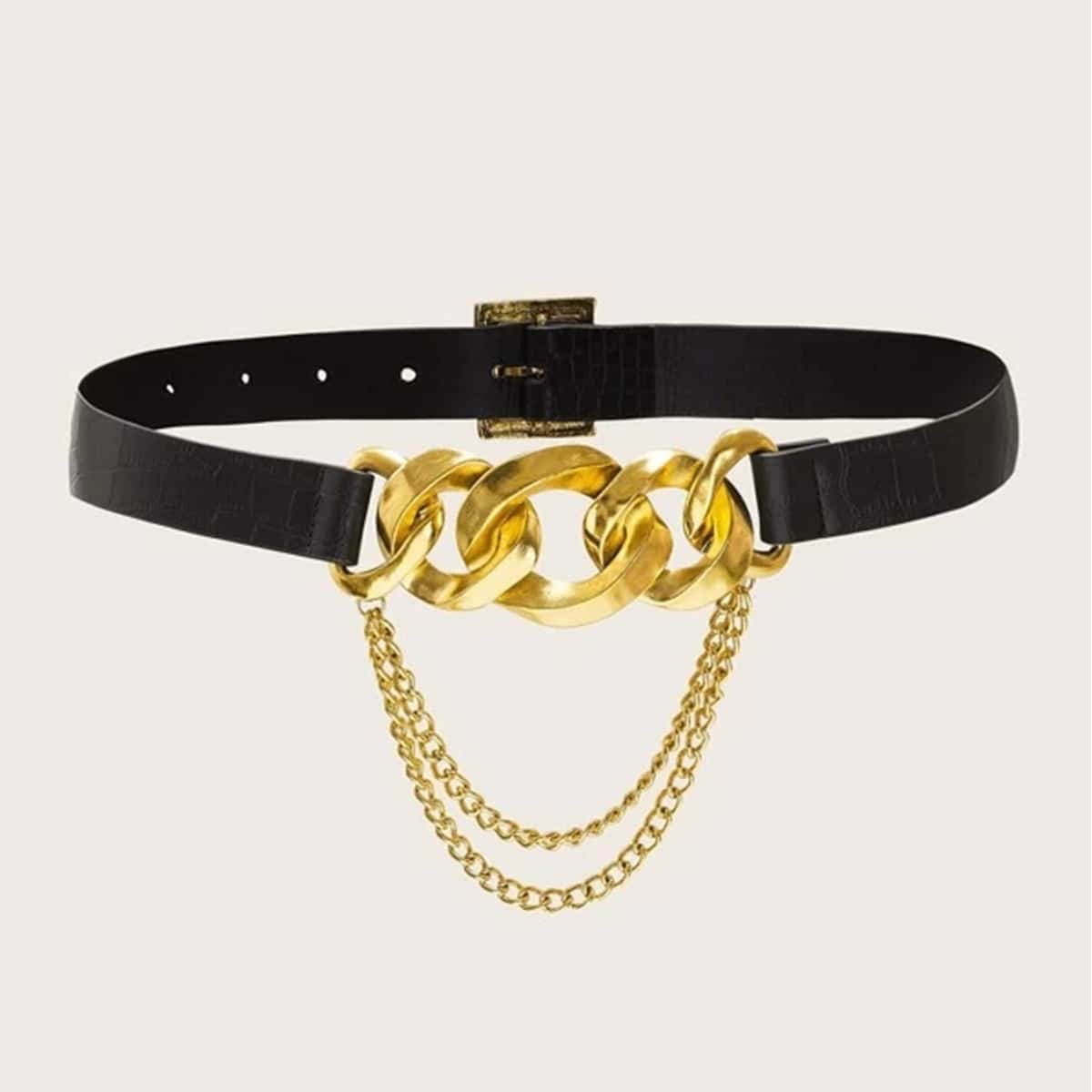 

Chain Decor Croc Embossed Buckle Belt, Black
