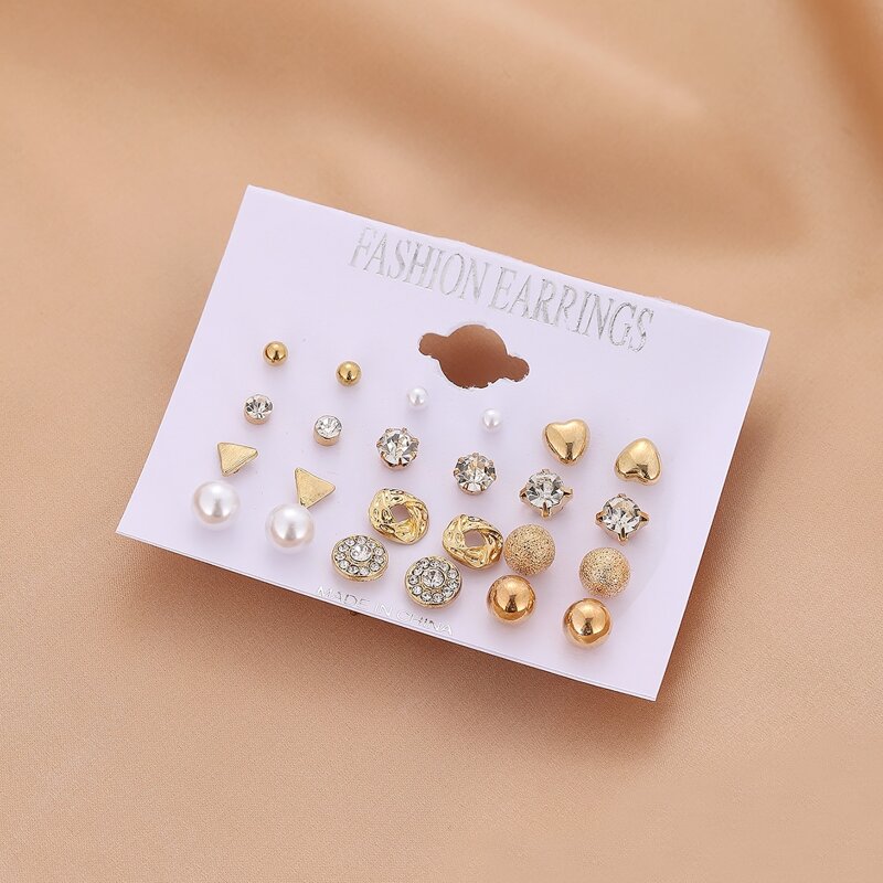 12pairs Faux Pearl & Rhinestone Earring Set, Gold