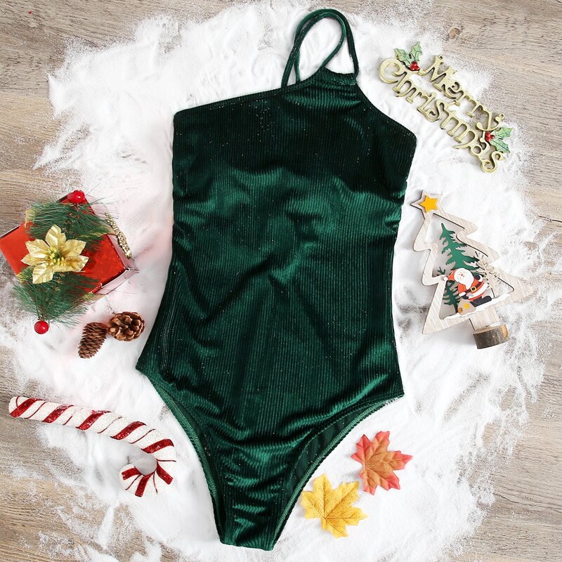

Solid Velvet One Piece Swimsuit, Dark green