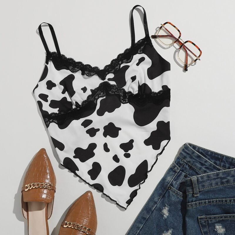 

Lace Trim Hanky Hem Cow Print Cami Top, Blue and white