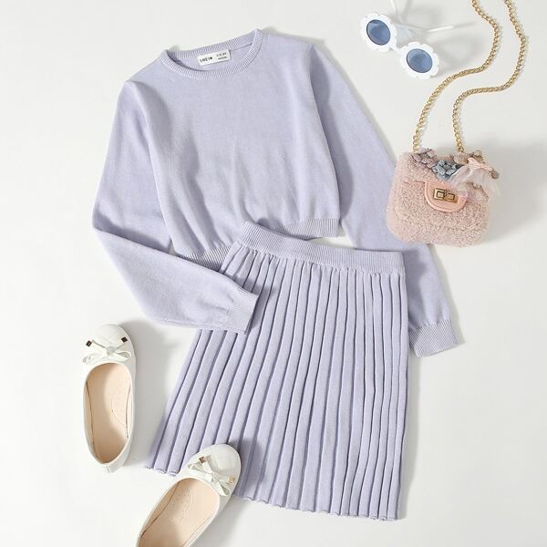 

Girls Solid Sweater and Knit Skirt Set, Lilac purple