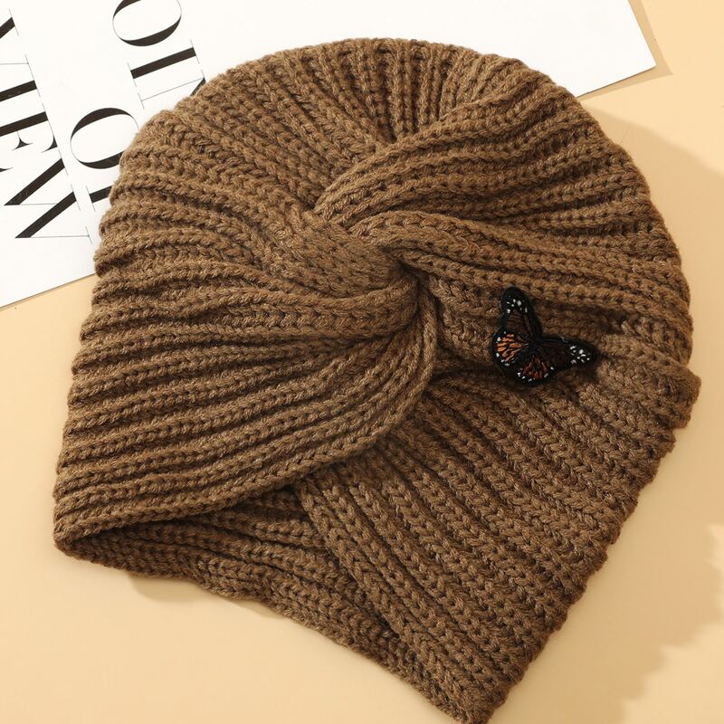 

Butterfly Patched Twist Beanie, Brown