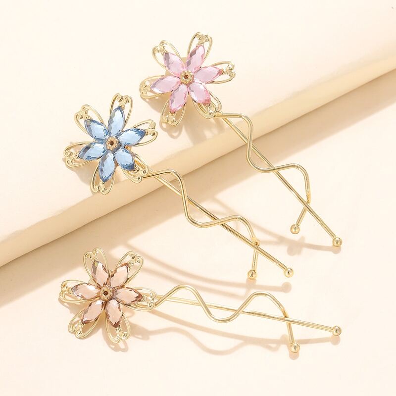 

3pcs Rhinestone Flower Bobby Pin, Multicolor