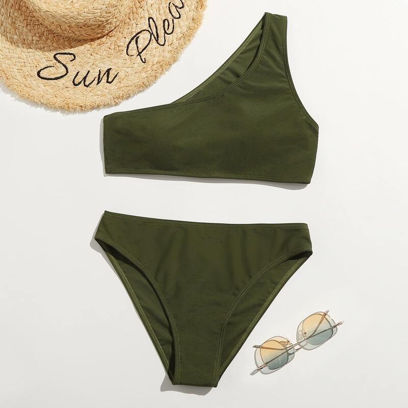 

One Shoulder Solid Bikini Swimsuit, Army green