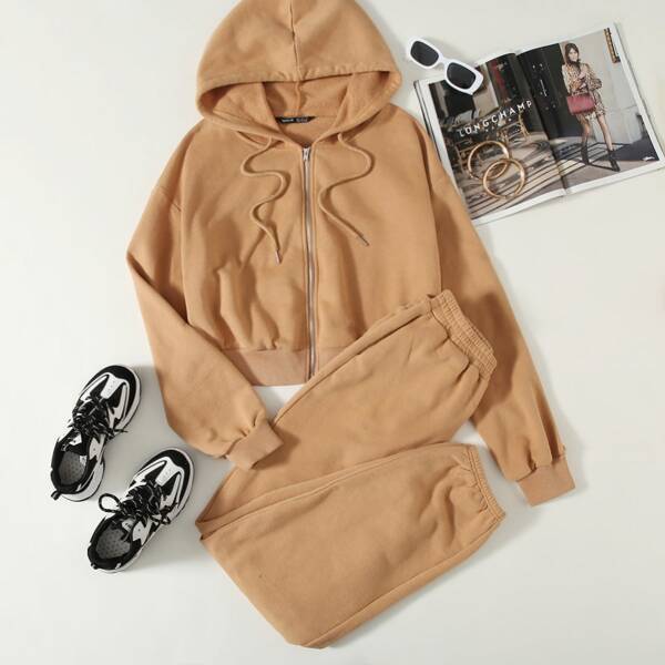 

Drop Shoulder Thermal Zip Up Hoodie and Joggers Set, Camel