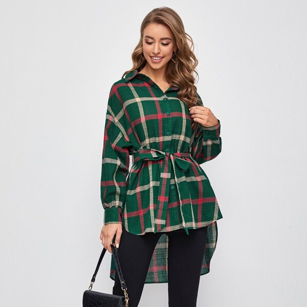 

Drop Shoulder High Low Self Belted Plaid Blouse, Dark green