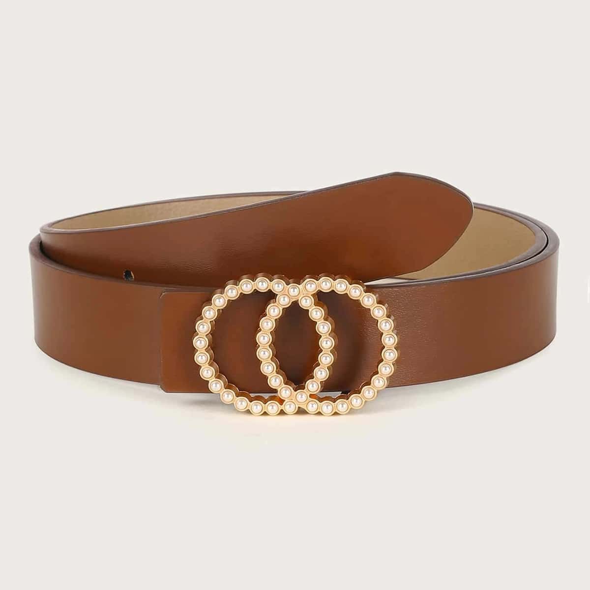 

Faux Pearl Ring Buckle Belt, Brown