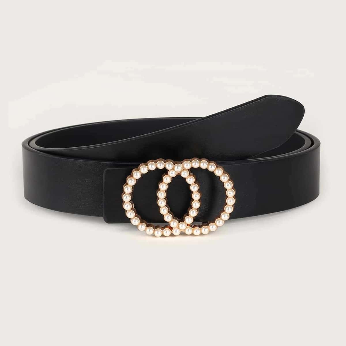 

Faux Pearl Ring Buckle Belt, Black