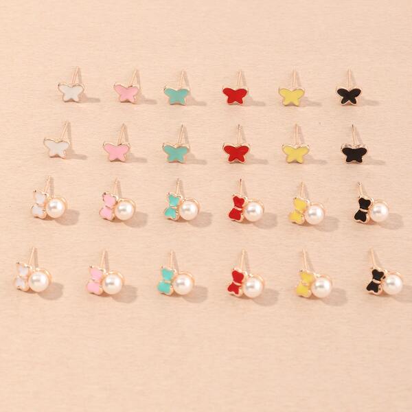 

12pairs Girls Butterfly & Faux Pearl Decor Stud Earrings, Multicolor