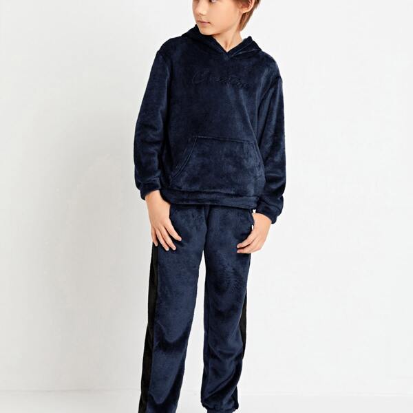 

Boys Letter Embroidered Teddy Hoodie & Contrast Sideseam Pants Set, Navy blue