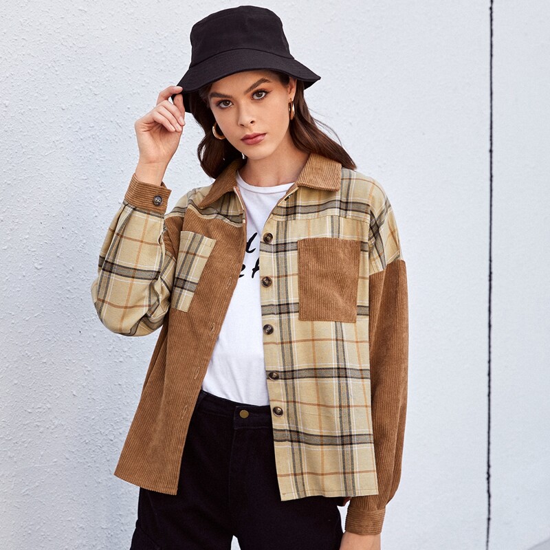 

Drop Shoulder Pocket Front Plaid Jacket, Multicolor