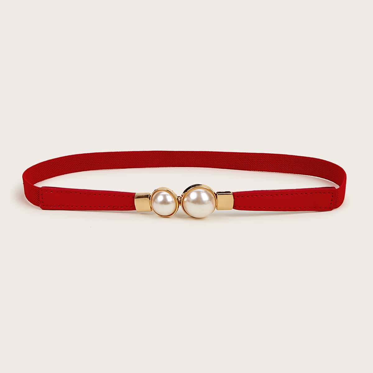 

Faux Pearl Buckle Skinny Belt, Red