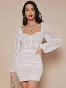 SHEIN Belle Đầm Xù Tất cả trên in Hấp dẫn - trắng - Xem 1