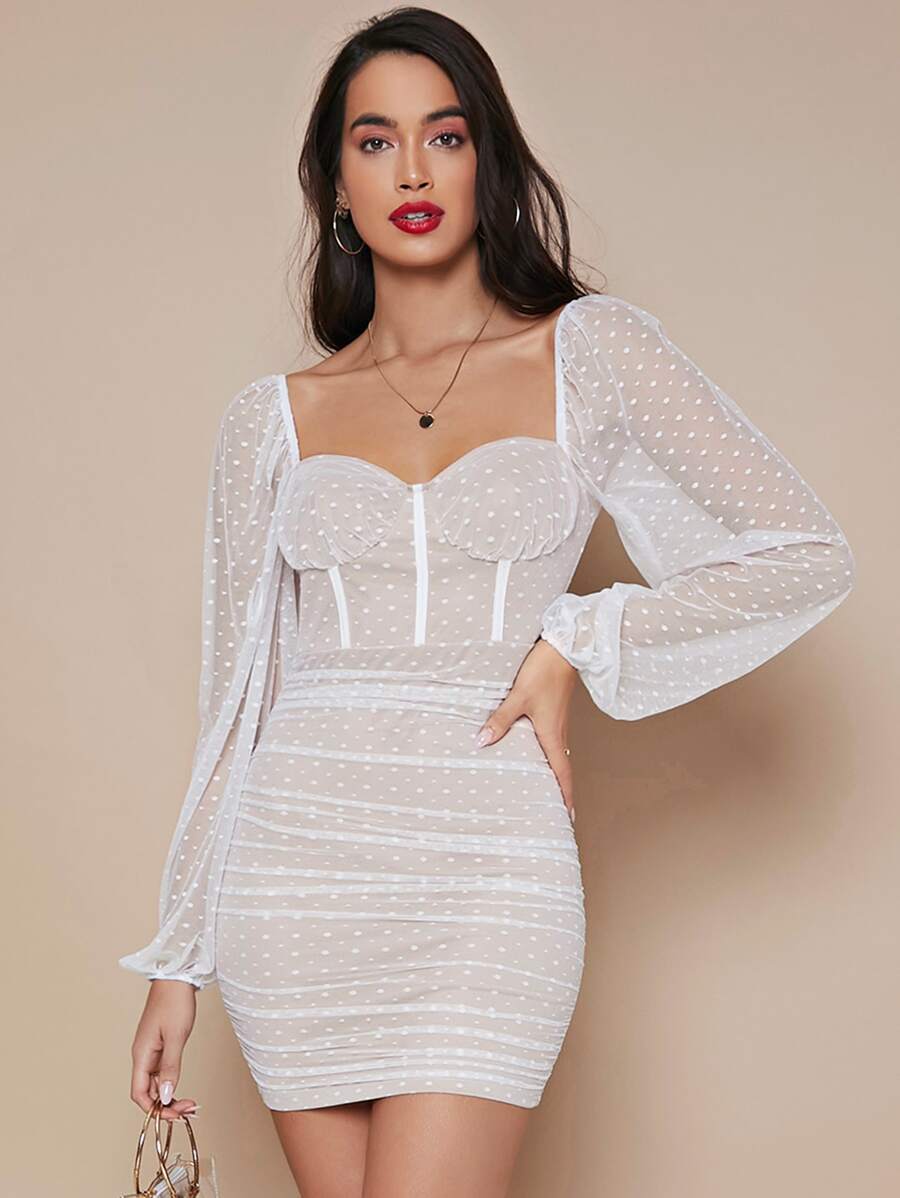 SHEIN Belle Đầm Xù Tất cả trên in Hấp dẫn - trắng - Xem 1