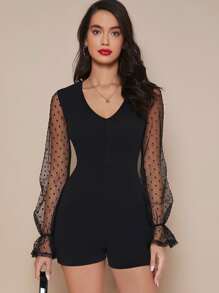 SHEIN Privé v領提花網紗荷葉邊袖連身短褲 - 黑色 - 查看 1