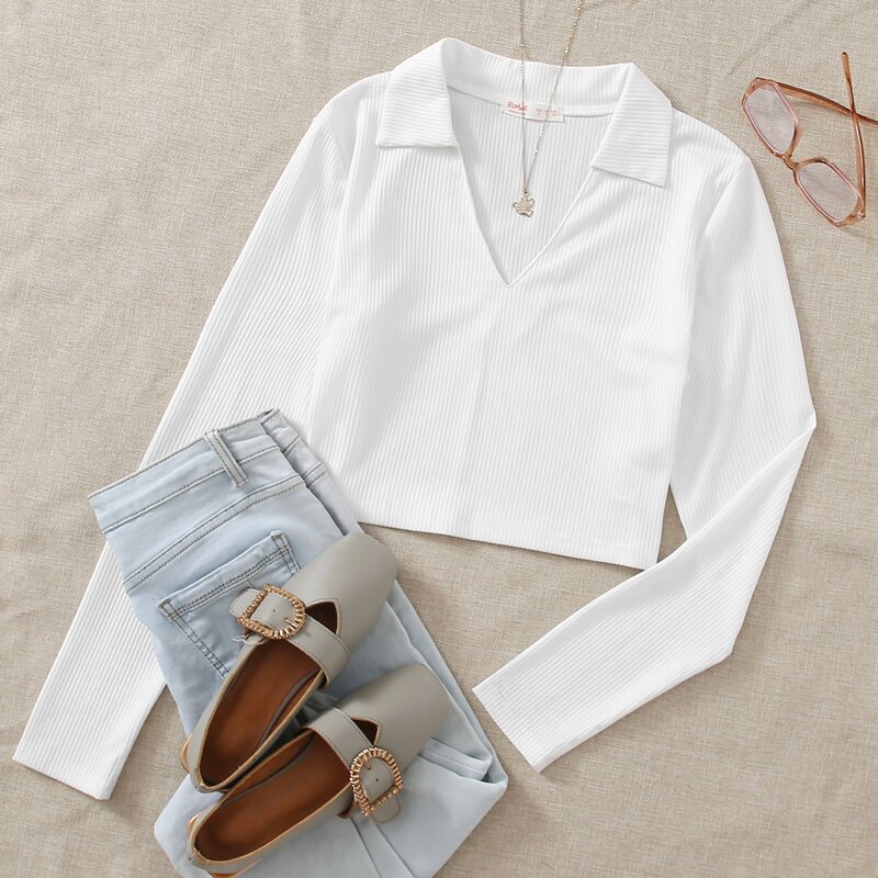 

V Neck Rib Tee, White
