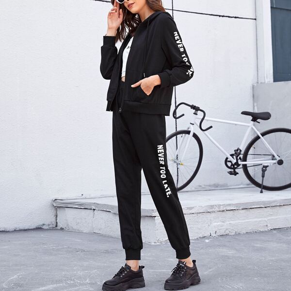 

Letter Graphic Drawstring Hoodie & Sweatpants, Black
